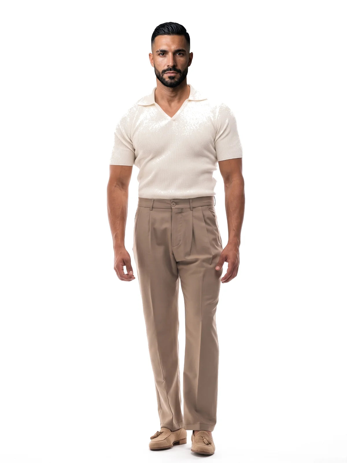 SANTIAGO polo canalé manga corta blanco roto – look completo – Bruno Valls
