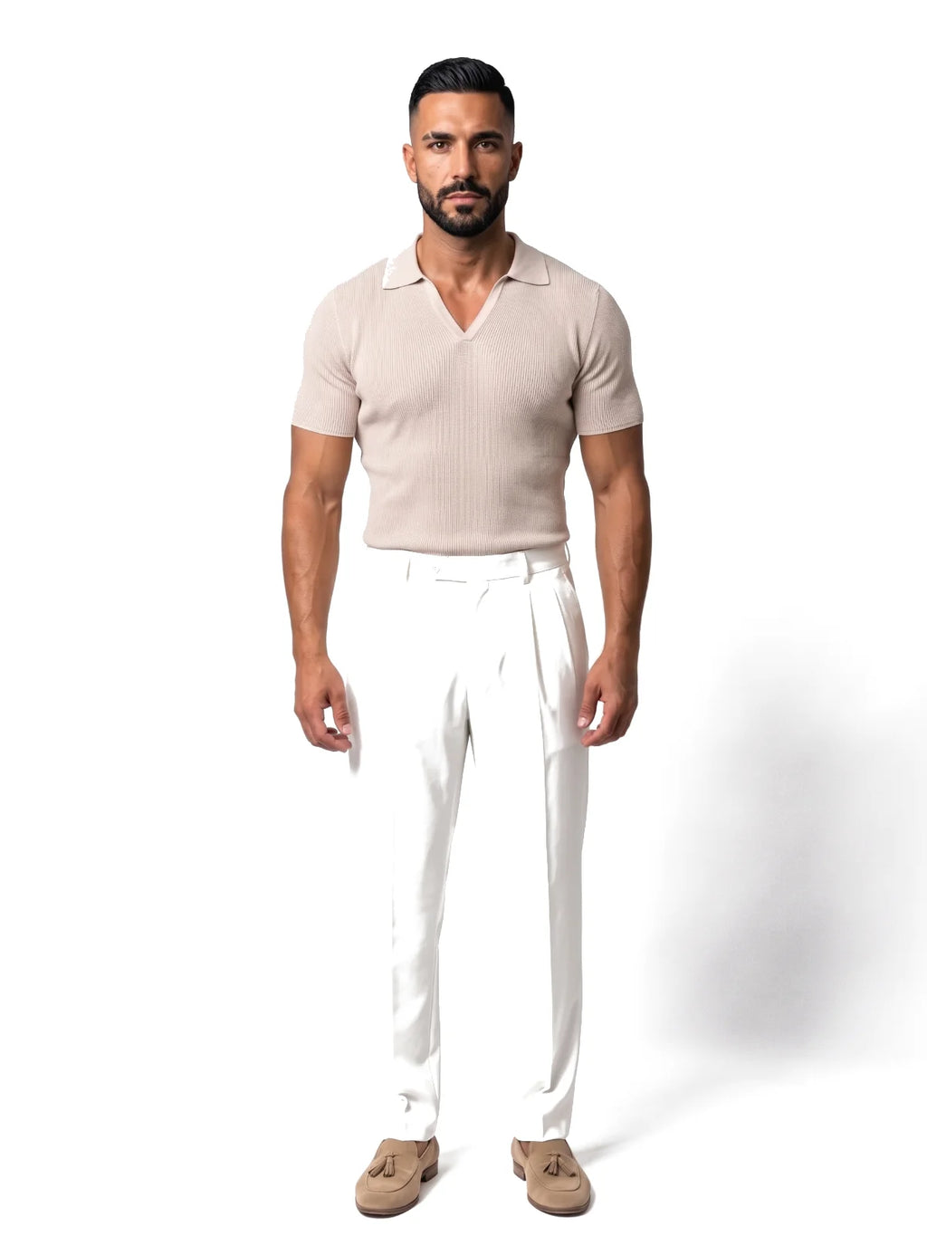 SANTIAGO polo canalé manga corta beige – look completo – Bruno Valls