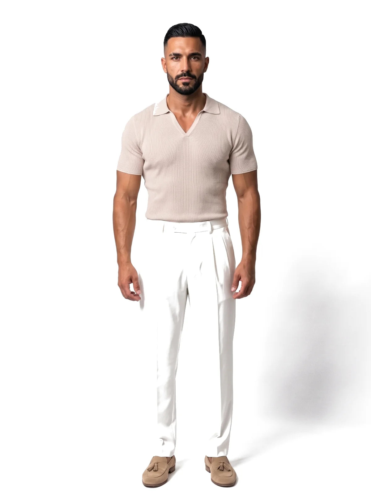 SANTIAGO polo canalé manga corta beige – look completo – Bruno Valls