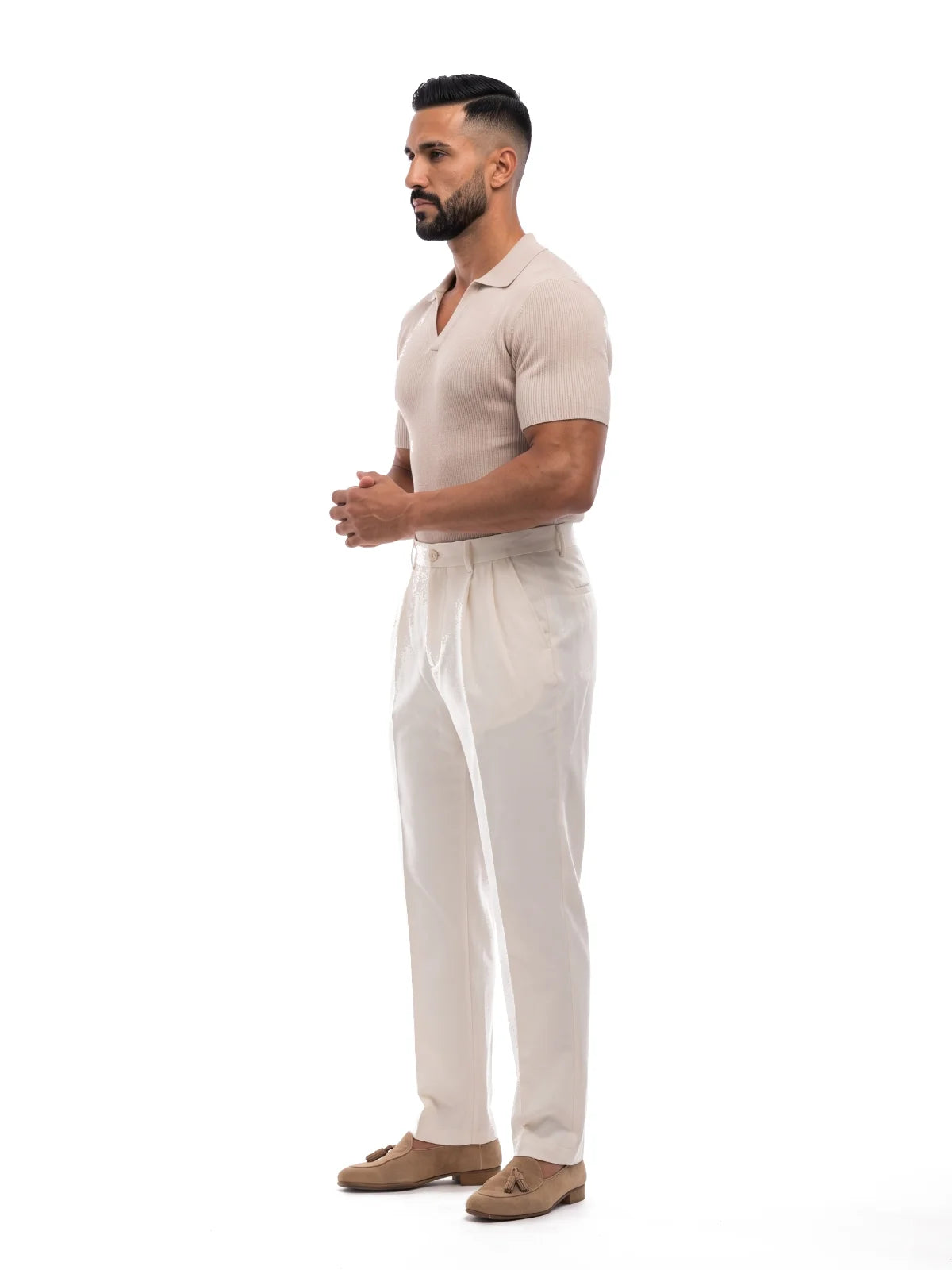 SANTIAGO polo canalé manga corta beige – vista lateral – Bruno Valls