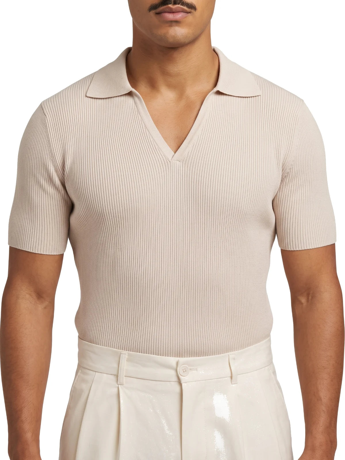SANTIAGO polo canalé manga corta beige – detalle del cuello – Bruno Valls