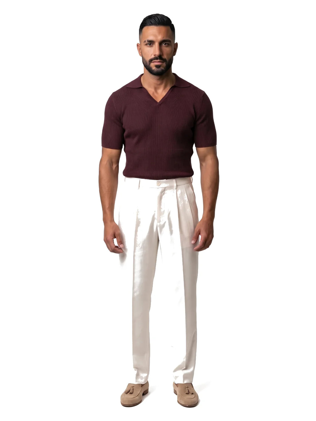 SANTIAGO polo canalé manga corta burdeos – look completo – Bruno Valls