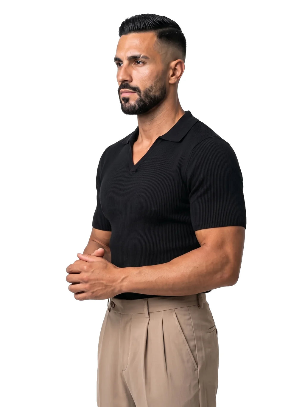 SANTIAGO polo canalé manga corta negro – vista tres cuartos – Bruno Valls