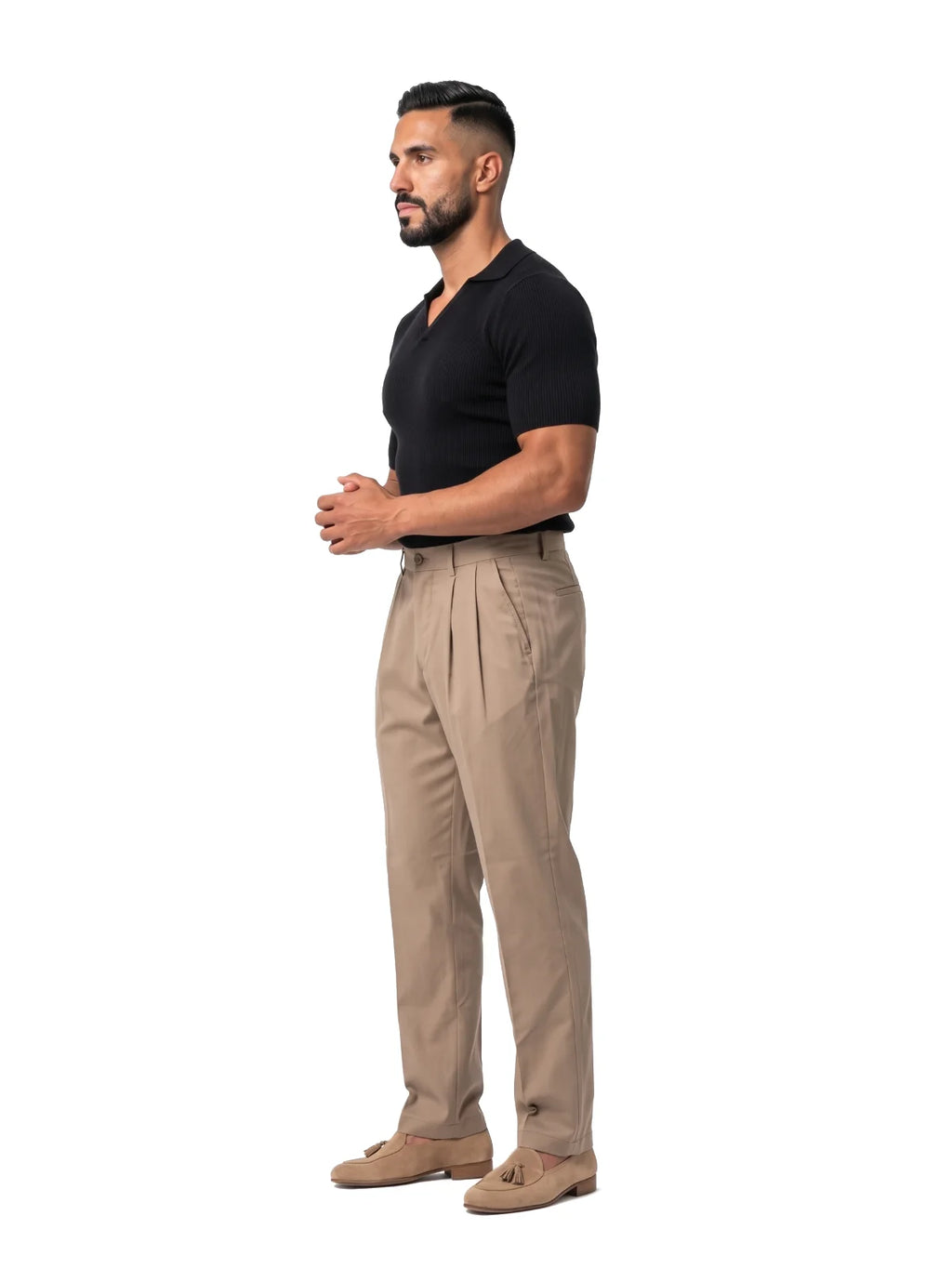 SANTIAGO polo canalé manga corta negro – vista lateral – Bruno Valls