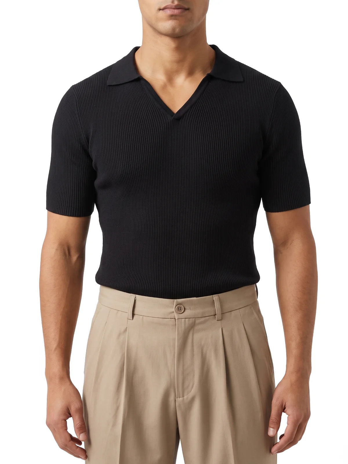SANTIAGO polo canalé manga corta negro – detalle del cuello – Bruno Valls