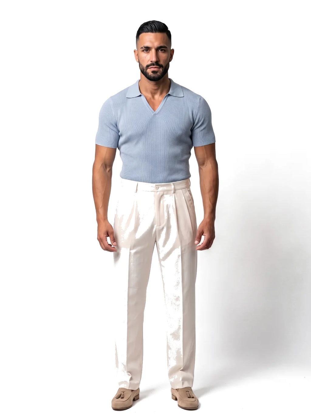 SANTIAGO polo canalé manga corta azul – look completo – Bruno Valls