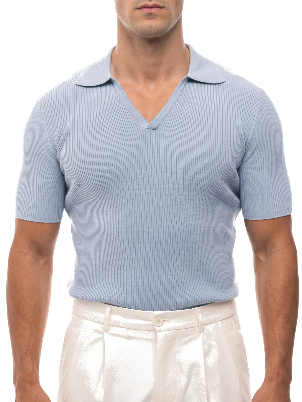 SANTIAGO polo canalé manga corta azul – detalle del cuello – Bruno Valls