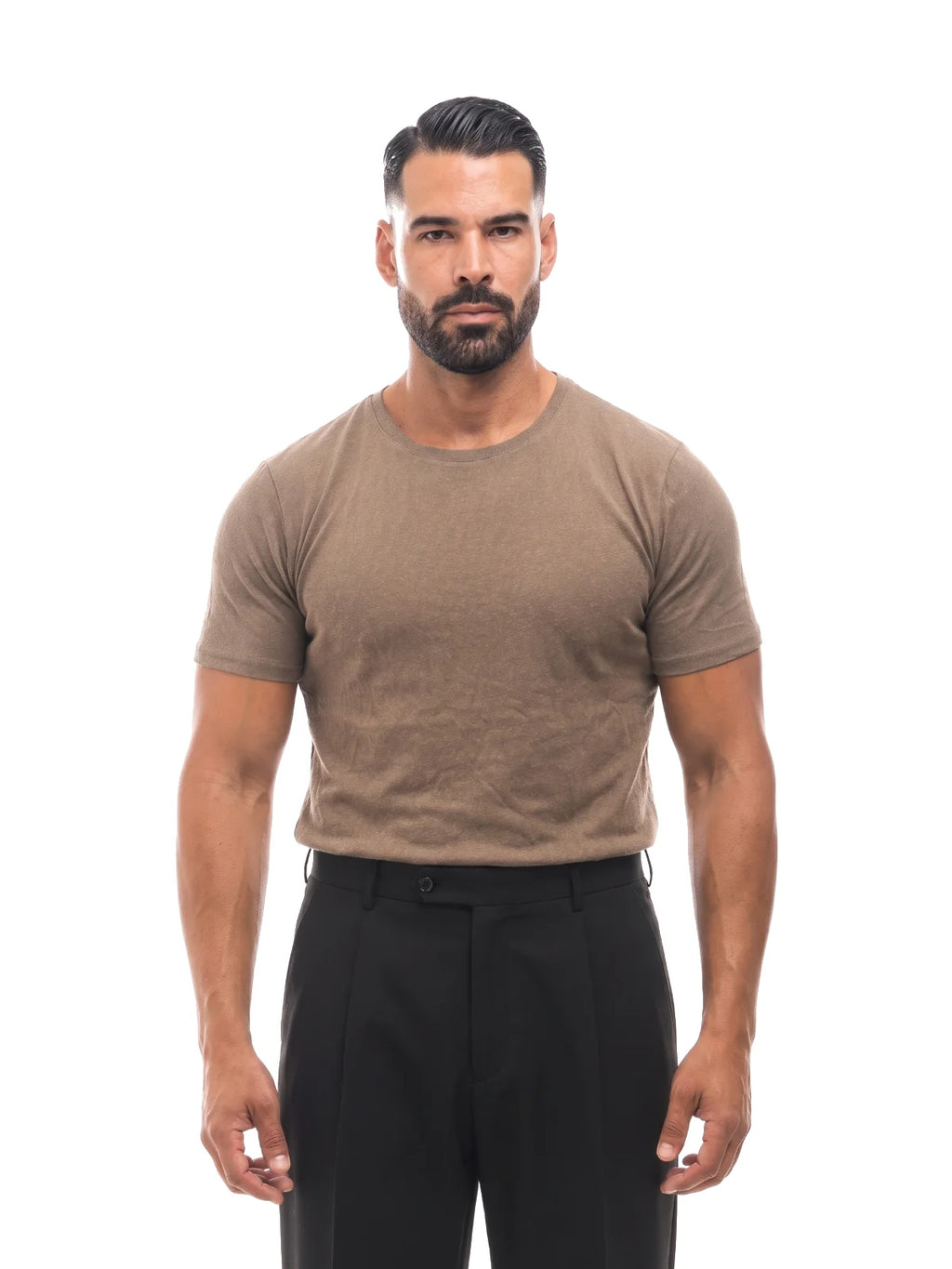 Bruno Valls - camiseta efecto lino marrón - vista frontal