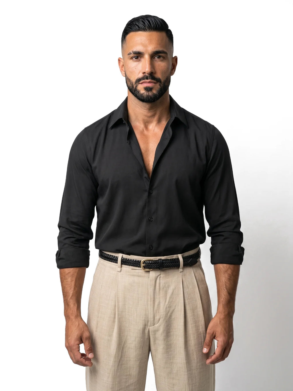 SIMÓN camisa efecto seda negra – vista frontal – Bruno Valls