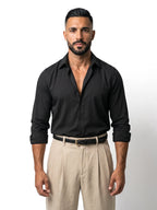 SIMÓN camisa efecto seda negra – vista frontal – Bruno Valls