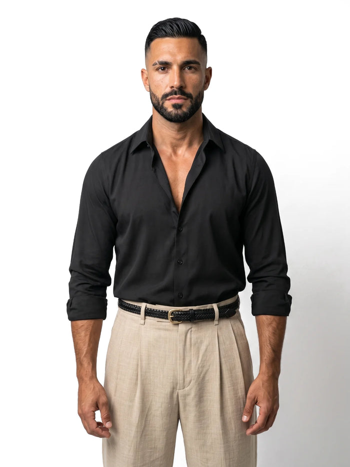 SIMÓN camisa efecto seda negra – vista frontal – Bruno Valls