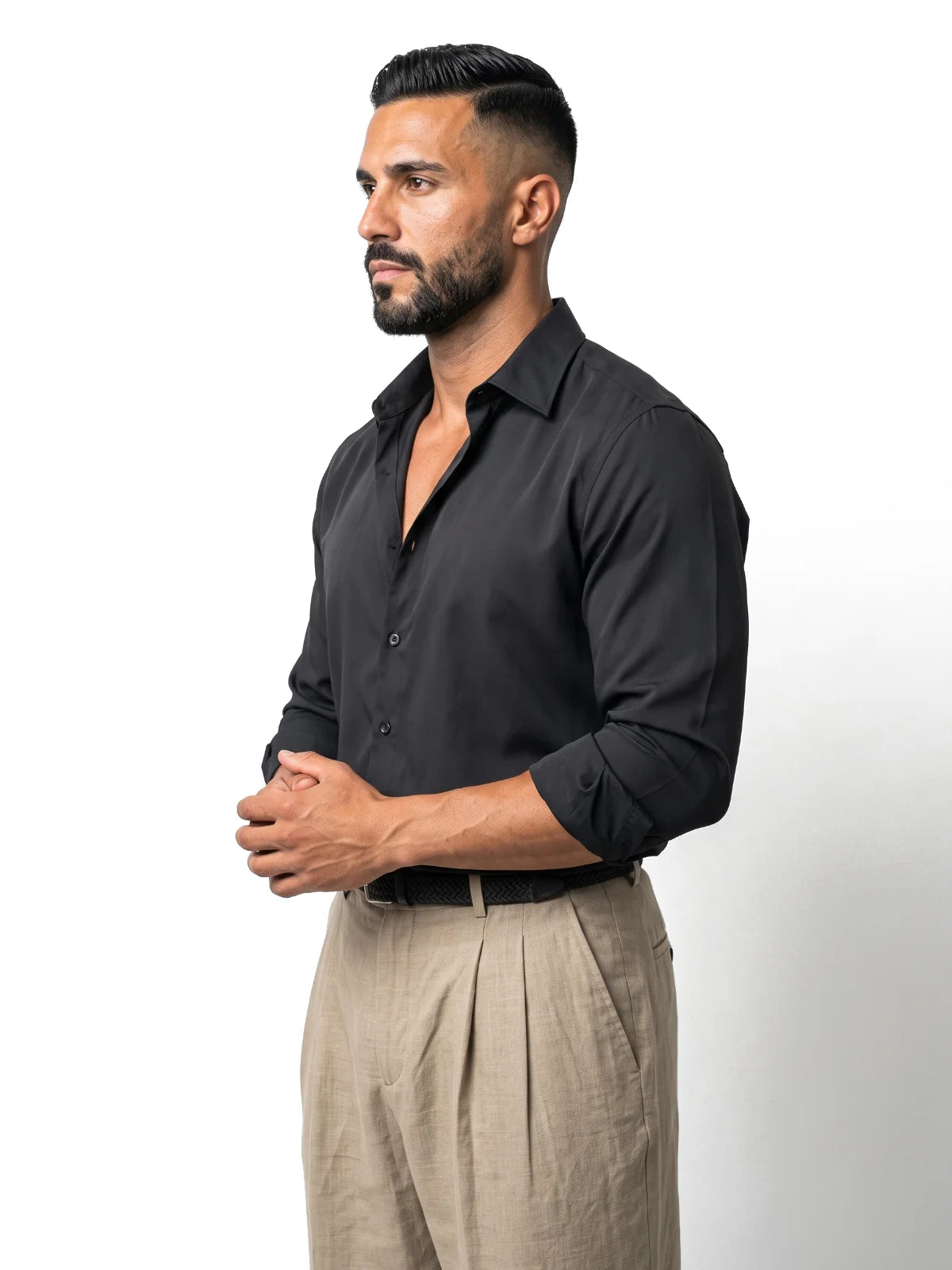 SIMÓN camisa efecto seda negra – vista tres cuartos – Bruno Valls