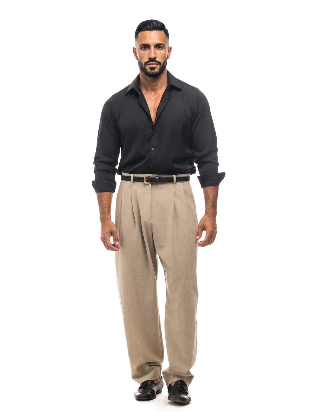 SIMÓN camisa efecto seda negra – look completo – Bruno Valls