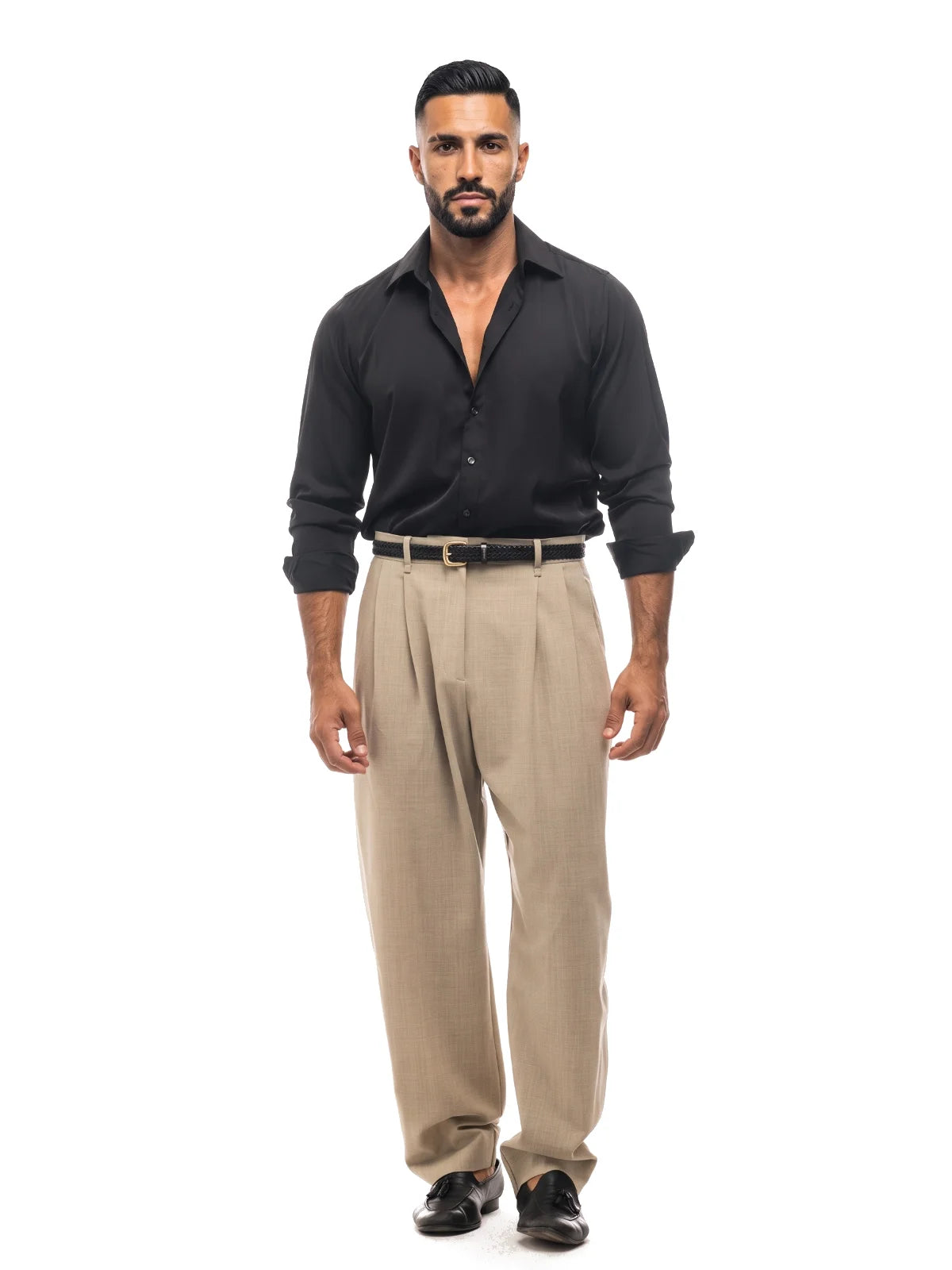 SIMÓN camisa efecto seda negra – look completo – Bruno Valls