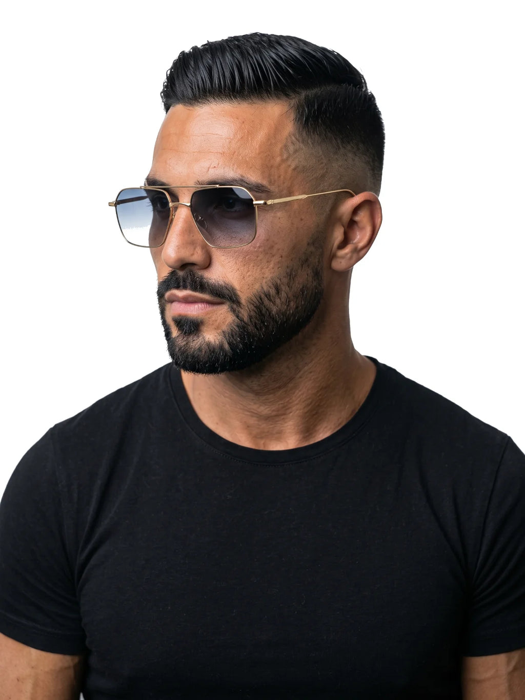 VALENTÍN gafas de sol de titanio lente degradada azul – puestas, vista tres cuartos – Bruno Valls